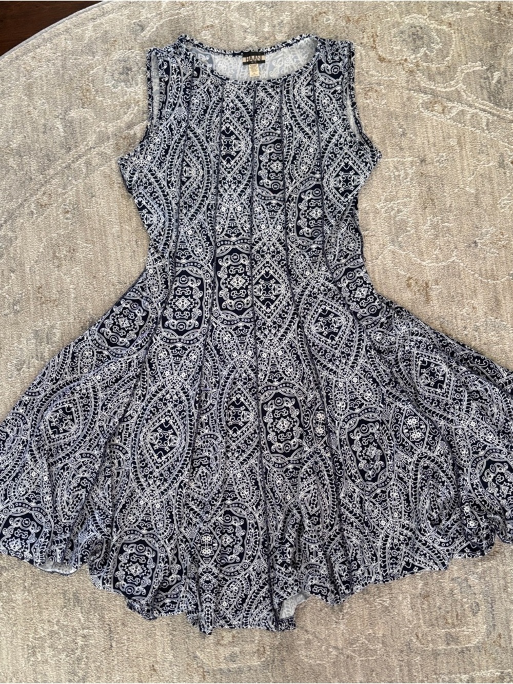 Haani Navy and White Sleeveless Printed Midi Dress